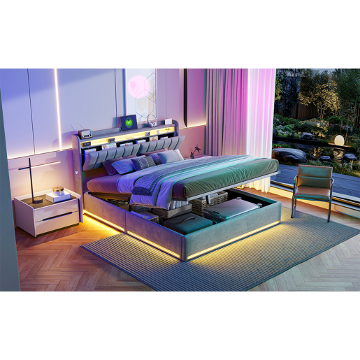 Cama, luzes LED, portas USB e espaço de armazenamento.