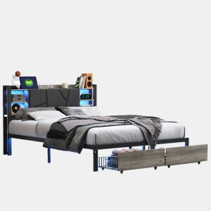 Cama 160x200cm, LED, USB, cama jovem, cama de casal, gaveta, cama de metal, cama com arrumação, cama de madeira maciça
