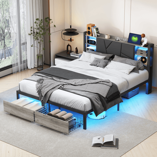 Cama 160x200cm, LED, USB, cama jovem, cama de casal, gaveta, cama de metal, cama com arrumação, cama de madeira maciça Cama 160x200cm, LED, USB, cama jovem, cama de casal, gaveta, cama de metal, cama com arrumação, cama de madeira maciça