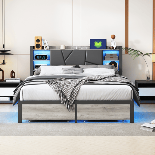 Cama 160x200cm, LED, USB, cama jovem, cama de casal, gaveta, cama de metal, cama com arrumação, cama de madeira maciça Cama 160x200cm, LED, USB, cama jovem, cama de casal, gaveta, cama de metal, cama com arrumação, cama de madeira maciça