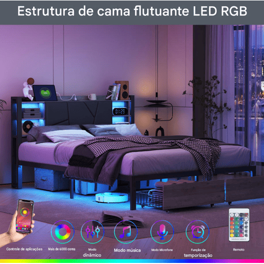 Cama 160x200cm, LED, USB, cama jovem, cama de casal, gaveta, cama de metal, cama com arrumação, cama de madeira maciça Cama 160x200cm, LED, USB, cama jovem, cama de casal, gaveta, cama de metal, cama com arrumação, cama de madeira maciça