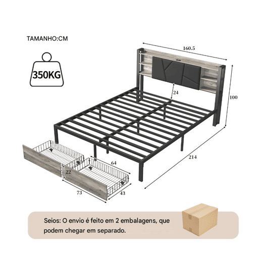 Cama 160x200cm, LED, USB, cama jovem, cama de casal, gaveta, cama de metal, cama com arrumação, cama de madeira maciça Cama 160x200cm, LED, USB, cama jovem, cama de casal, gaveta, cama de metal, cama com arrumação, cama de madeira maciça