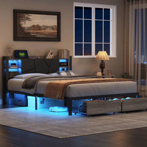 Cama 160x200cm, LED, USB, cama jovem, cama de casal, gaveta, cama de metal, cama com arrumação, cama de madeira maciça Cama 160x200cm, LED, USB, cama jovem, cama de casal, gaveta, cama de metal, cama com arrumação, cama de madeira maciça