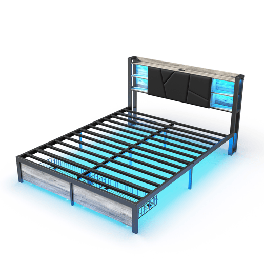 Cama 160x200cm, LED, USB, cama jovem, cama de casal, gaveta, cama de metal, cama com arrumação, cama de madeira maciça Cama 160x200cm, LED, USB, cama jovem, cama de casal, gaveta, cama de metal, cama com arrumação, cama de madeira maciça