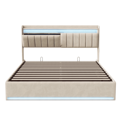 Cama estofada de 140x190 cm com baú, cama de casal em veludo bege, iluminação LED, portas USB e Tipo-C, cama com cabeceira com espaço para armazenamento, capacidade de carga até 500 kg. Cama estofada de 140x190 cm com baú, cama de casal em veludo bege, iluminação LED, portas USB e Tipo-C, cama com cabeceira com espaço para armazenamento, capacidade de carga até 500 kg.