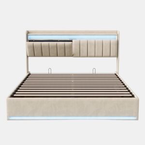 Cama estofada de 140x190 cm com baú, cama de casal em veludo bege, iluminação LED, portas USB e Tipo-C, cama com cabeceira com espaço para armazenamento, capacidade de carga até 500 kg.