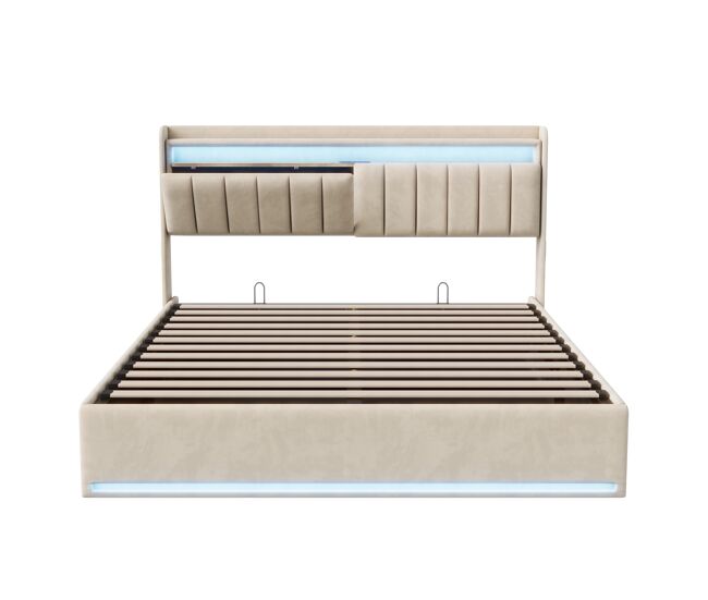 Cama tapizada de 140x190 cm con cajón de almacenamiento, cama doble de terciopelo beige, iluminación led, puertos usb y tipo-c, cama con cabecero con