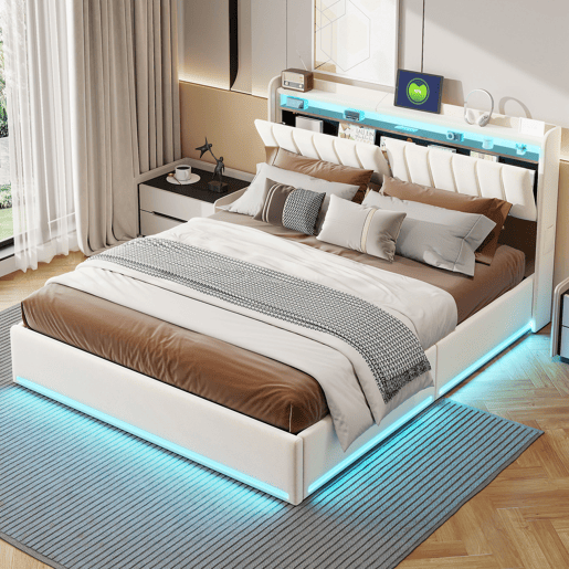 Cama estofada de 140x190 cm com baú, cama de casal em veludo bege, iluminação LED, portas USB e Tipo-C, cama com cabeceira com espaço para armazenamento, capacidade de carga até 500 kg. Cama estofada de 140x190 cm com baú, cama de casal em veludo bege, iluminação LED, portas USB e Tipo-C, cama com cabeceira com espaço para armazenamento, capacidade de carga até 500 kg.