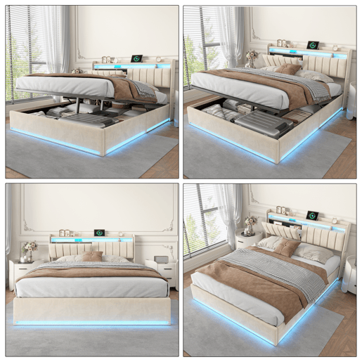 Cama estofada de 140x190 cm com baú, cama de casal em veludo bege, iluminação LED, portas USB e Tipo-C, cama com cabeceira com espaço para armazenamento, capacidade de carga até 500 kg. Cama estofada de 140x190 cm com baú, cama de casal em veludo bege, iluminação LED, portas USB e Tipo-C, cama com cabeceira com espaço para armazenamento, capacidade de carga até 500 kg.