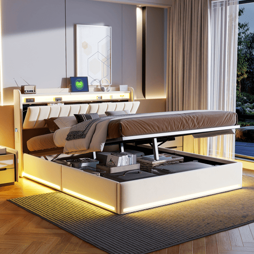 Cama estofada de 140x190 cm com baú, cama de casal em veludo bege, iluminação LED, portas USB e Tipo-C, cama com cabeceira com espaço para armazenamento, capacidade de carga até 500 kg. Cama estofada de 140x190 cm com baú, cama de casal em veludo bege, iluminação LED, portas USB e Tipo-C, cama com cabeceira com espaço para armazenamento, capacidade de carga até 500 kg.