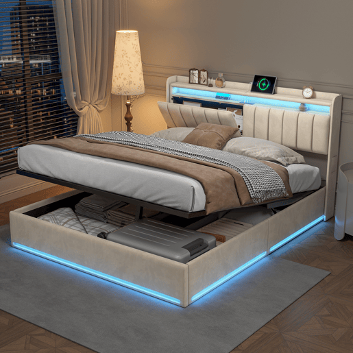 Cama estofada de 140x190 cm com baú, cama de casal em veludo bege, iluminação LED, portas USB e Tipo-C, cama com cabeceira com espaço para armazenamento, capacidade de carga até 500 kg. Cama estofada de 140x190 cm com baú, cama de casal em veludo bege, iluminação LED, portas USB e Tipo-C, cama com cabeceira com espaço para armazenamento, capacidade de carga até 500 kg.