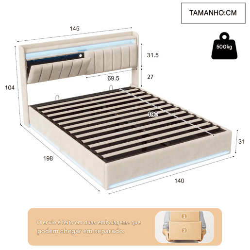 Cama estofada de 140x190 cm com baú, cama de casal em veludo bege, iluminação LED, portas USB e Tipo-C, cama com cabeceira com espaço para armazenamento, capacidade de carga até 500 kg. Cama estofada de 140x190 cm com baú, cama de casal em veludo bege, iluminação LED, portas USB e Tipo-C, cama com cabeceira com espaço para armazenamento, capacidade de carga até 500 kg.