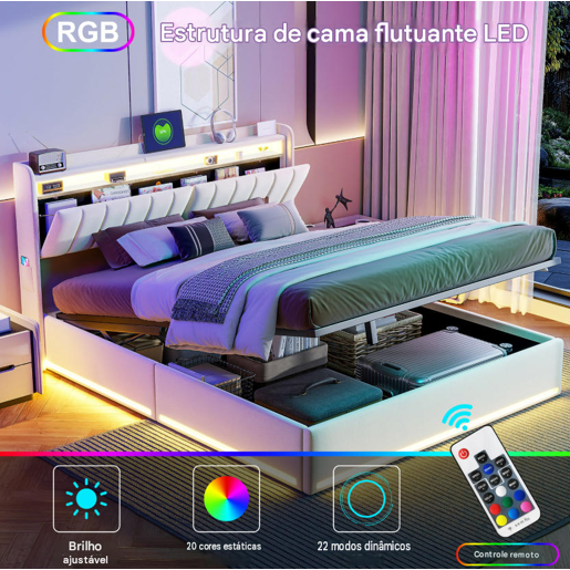 Cama estofada de 140x190 cm com baú, cama de casal em veludo bege, iluminação LED, portas USB e Tipo-C, cama com cabeceira com espaço para armazenamento, capacidade de carga até 500 kg. Cama estofada de 140x190 cm com baú, cama de casal em veludo bege, iluminação LED, portas USB e Tipo-C, cama com cabeceira com espaço para armazenamento, capacidade de carga até 500 kg.