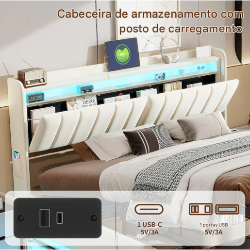 Cama estofada de 140x190 cm com baú, cama de casal em veludo bege, iluminação LED, portas USB e Tipo-C, cama com cabeceira com espaço para armazenamento, capacidade de carga até 500 kg. Cama estofada de 140x190 cm com baú, cama de casal em veludo bege, iluminação LED, portas USB e Tipo-C, cama com cabeceira com espaço para armazenamento, capacidade de carga até 500 kg.