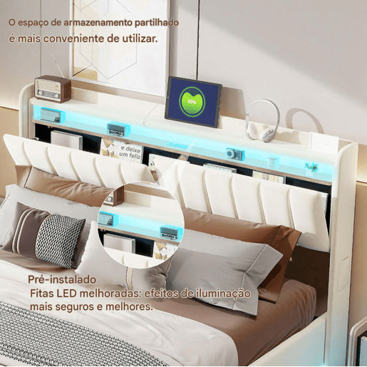 Cama estofada de 140x190 cm com baú, cama de casal em veludo bege, iluminação LED, portas USB e Tipo-C, cama com cabeceira com espaço para armazenamento, capacidade de carga até 500 kg. Cama estofada de 140x190 cm com baú, cama de casal em veludo bege, iluminação LED, portas USB e Tipo-C, cama com cabeceira com espaço para armazenamento, capacidade de carga até 500 kg.
