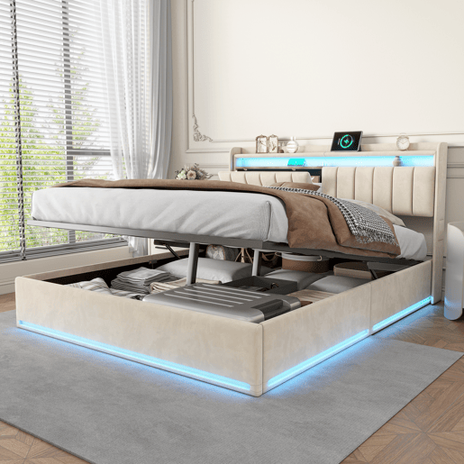 Cama estofada de 140x190 cm com baú, cama de casal em veludo bege, iluminação LED, portas USB e Tipo-C, cama com cabeceira com espaço para armazenamento, capacidade de carga até 500 kg. Cama estofada de 140x190 cm com baú, cama de casal em veludo bege, iluminação LED, portas USB e Tipo-C, cama com cabeceira com espaço para armazenamento, capacidade de carga até 500 kg.