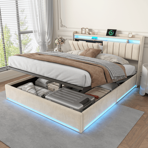 Cama estofada de 140x190 cm com baú, cama de casal em veludo bege, iluminação LED, portas USB e Tipo-C, cama com cabeceira com espaço para armazenamento, capacidade de carga até 500 kg. Cama estofada de 140x190 cm com baú, cama de casal em veludo bege, iluminação LED, portas USB e Tipo-C, cama com cabeceira com espaço para armazenamento, capacidade de carga até 500 kg.