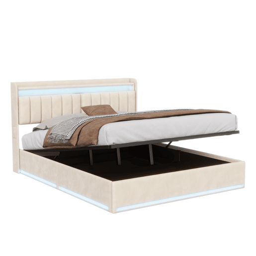 Cama estofada de 140x190 cm com baú, cama de casal em veludo bege, iluminação LED, portas USB e Tipo-C, cama com cabeceira com espaço para armazenamento, capacidade de carga até 500 kg. Cama estofada de 140x190 cm com baú, cama de casal em veludo bege, iluminação LED, portas USB e Tipo-C, cama com cabeceira com espaço para armazenamento, capacidade de carga até 500 kg.