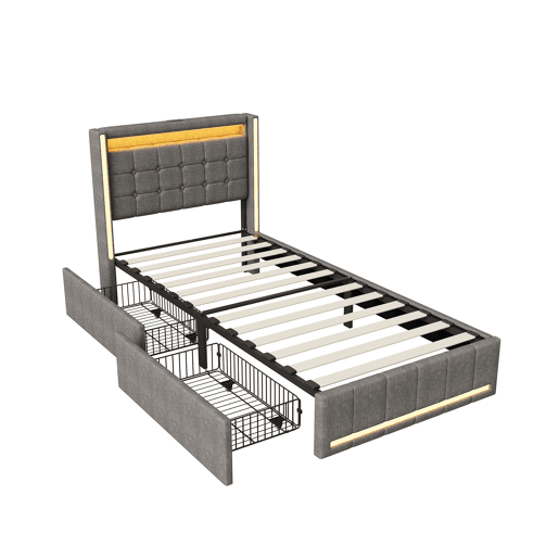 Cama estofada 90x200 cm Cinza u2013 Cama de solteiro em tecido de linho com cabeceira em LED, porta de carregamento USB e Tipo-C, 2 gavetas e estrado de ripas. Cama estofada 90x200 cm Cinza u2013 Cama de solteiro em tecido de linho com cabeceira em LED, porta de carregamento USB e Tipo-C, 2 gavetas e estrado de ripas.