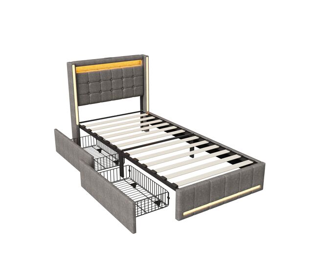 Cama tapizada de 90x200 cm, color gris – Cama individual de tela de lino con cabecero LED, puerto de carga USB y tipo C, 2 cajones y somier de láminas.