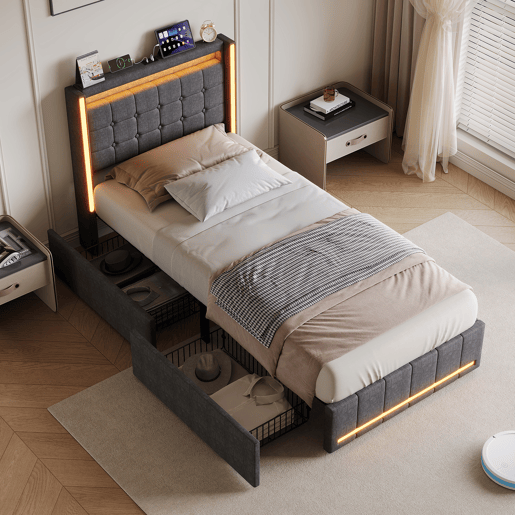 Cama estofada 90x200 cm Cinza u2013 Cama de solteiro em tecido de linho com cabeceira em LED, porta de carregamento USB e Tipo-C, 2 gavetas e estrado de ripas. Cama estofada 90x200 cm Cinza u2013 Cama de solteiro em tecido de linho com cabeceira em LED, porta de carregamento USB e Tipo-C, 2 gavetas e estrado de ripas.