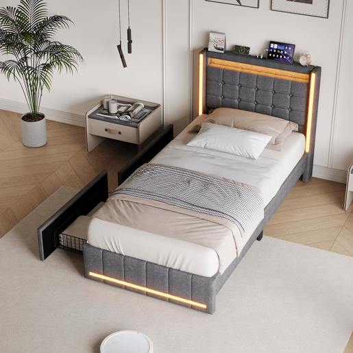 Cama estofada 90x200 cm Cinza u2013 Cama de solteiro em tecido de linho com cabeceira em LED, porta de carregamento USB e Tipo-C, 2 gavetas e estrado de ripas. Cama estofada 90x200 cm Cinza u2013 Cama de solteiro em tecido de linho com cabeceira em LED, porta de carregamento USB e Tipo-C, 2 gavetas e estrado de ripas.