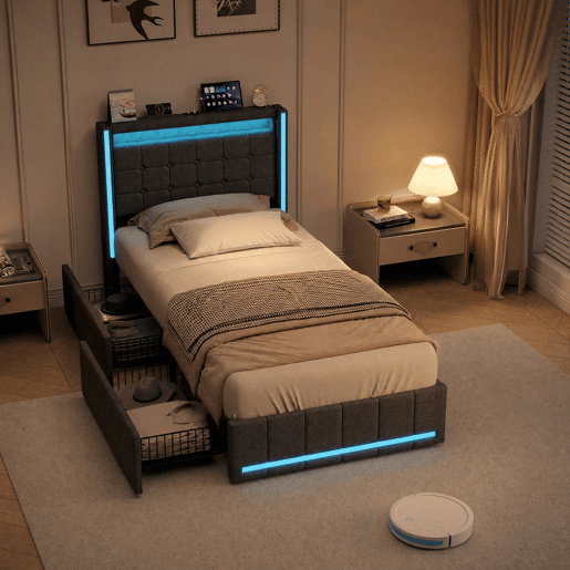 Cama estofada 90x200 cm Cinza u2013 Cama de solteiro em tecido de linho com cabeceira em LED, porta de carregamento USB e Tipo-C, 2 gavetas e estrado de ripas. Cama estofada 90x200 cm Cinza u2013 Cama de solteiro em tecido de linho com cabeceira em LED, porta de carregamento USB e Tipo-C, 2 gavetas e estrado de ripas.