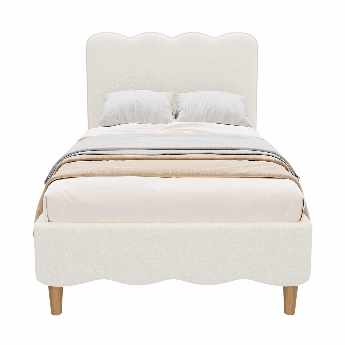Cama tapizada 90x200 cm - individual con somier, cabecero acolchado y patas de madera maciza estilo bouclé - blanco