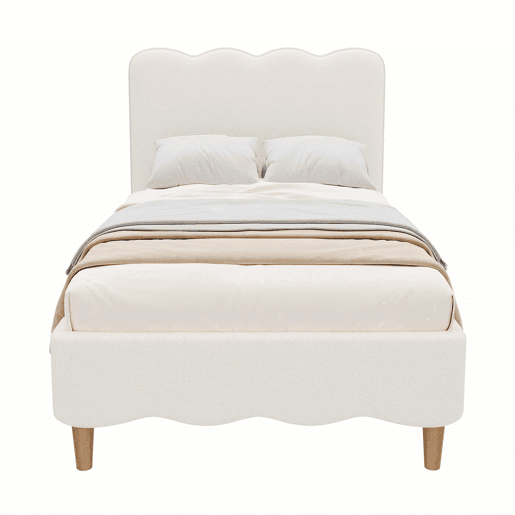 Cama estofada 90x200 cm - individual com base de colchão, cabeceira acolchoada e pés em madeira maciça estilo bouclé - branca Cama estofada 90x200 cm - individual com base de colchão, cabeceira acolchoada e pés em madeira maciça estilo bouclé - branca