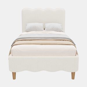 Cama estofada 90x200 cm - individual com base de colchão, cabeceira acolchoada e pés em madeira maciça estilo bouclé - branca
