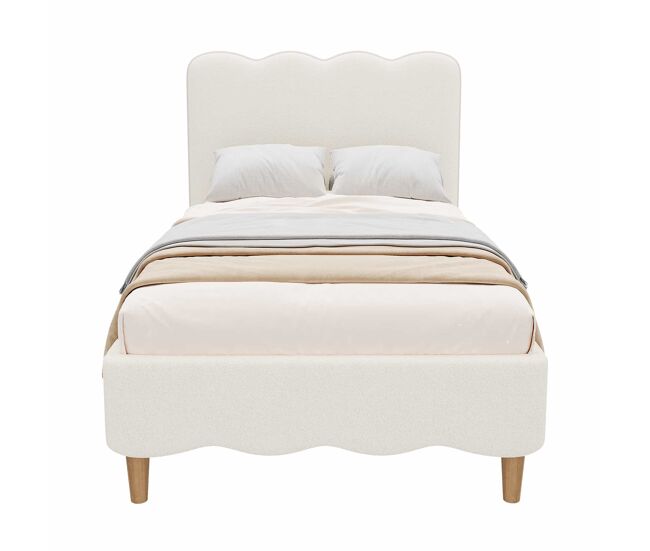 Cama tapizada 90x200 cm - individual con somier, cabecero acolchado y patas de madera maciza estilo bouclé - blanco