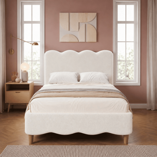 Cama estofada 90x200 cm - individual com base de colchão, cabeceira acolchoada e pés em madeira maciça estilo bouclé - branca Cama estofada 90x200 cm - individual com base de colchão, cabeceira acolchoada e pés em madeira maciça estilo bouclé - branca