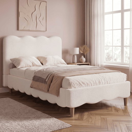 Cama estofada 90x200 cm - individual com base de colchão, cabeceira acolchoada e pés em madeira maciça estilo bouclé - branca Cama estofada 90x200 cm - individual com base de colchão, cabeceira acolchoada e pés em madeira maciça estilo bouclé - branca