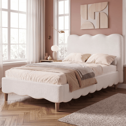 Cama estofada 90x200 cm - individual com base de colchão, cabeceira acolchoada e pés em madeira maciça estilo bouclé - branca Cama estofada 90x200 cm - individual com base de colchão, cabeceira acolchoada e pés em madeira maciça estilo bouclé - branca