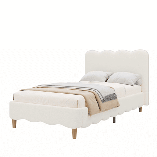 Cama estofada 90x200 cm - individual com base de colchão, cabeceira acolchoada e pés em madeira maciça estilo bouclé - branca Cama estofada 90x200 cm - individual com base de colchão, cabeceira acolchoada e pés em madeira maciça estilo bouclé - branca