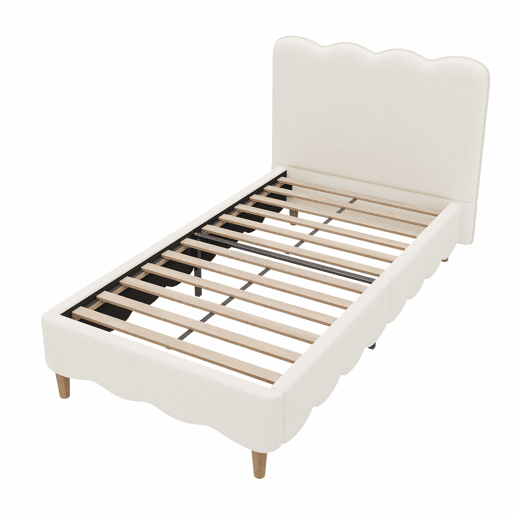 Cama estofada 90x200 cm - individual com base de colchão, cabeceira acolchoada e pés em madeira maciça estilo bouclé - branca Cama estofada 90x200 cm - individual com base de colchão, cabeceira acolchoada e pés em madeira maciça estilo bouclé - branca