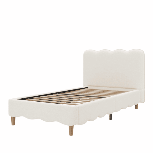 Cama estofada 90x200 cm - individual com base de colchão, cabeceira acolchoada e pés em madeira maciça estilo bouclé - branca Cama estofada 90x200 cm - individual com base de colchão, cabeceira acolchoada e pés em madeira maciça estilo bouclé - branca