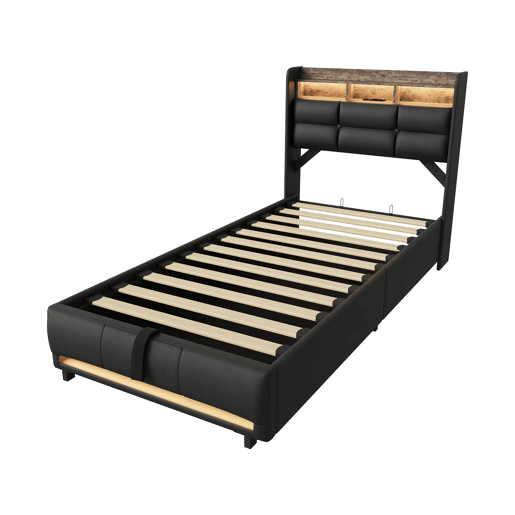 Cama estofada de 90x200 cm com baú, função hidráulica, iluminação LED, porta USB para carregamento, revestimento em couro sintético, cor preta. Cama estofada de 90x200 cm com baú, função hidráulica, iluminação LED, porta USB para carregamento, revestimento em couro sintético, cor preta.