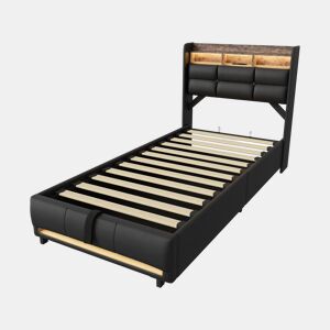 Cama estofada de 90x200 cm com baú, função hidráulica, iluminação LED, porta USB para carregamento, revestimento em couro sintético, cor preta.