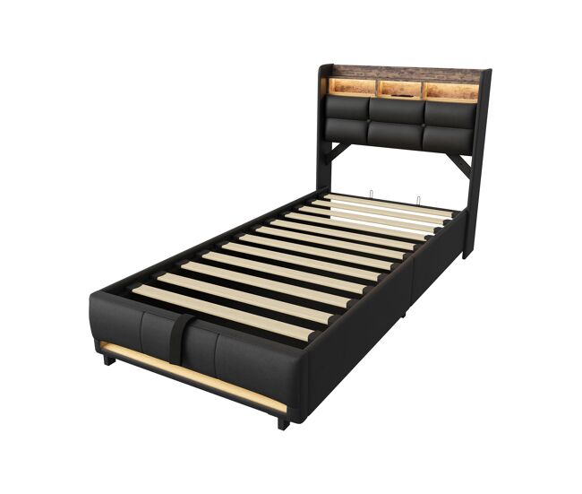 Cama tapizada de 90x200 cm con cajón de almacenamiento, función hidráulica, iluminación led, puerto de carga usb, piel sintética, color negro.