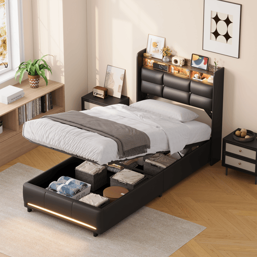 Cama estofada de 90x200 cm com baú, função hidráulica, iluminação LED, porta USB para carregamento, revestimento em couro sintético, cor preta. Cama estofada de 90x200 cm com baú, função hidráulica, iluminação LED, porta USB para carregamento, revestimento em couro sintético, cor preta.