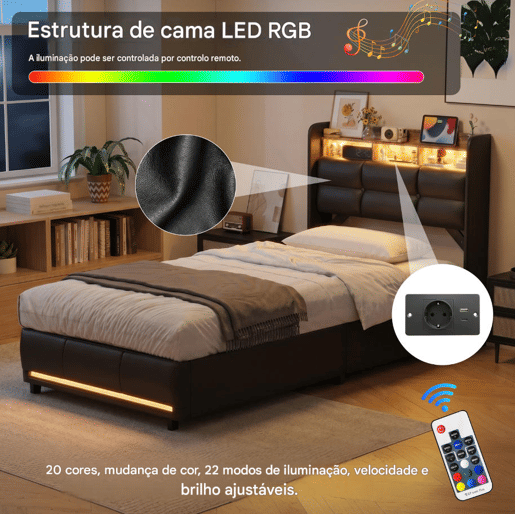 Cama estofada de 90x200 cm com baú, função hidráulica, iluminação LED, porta USB para carregamento, revestimento em couro sintético, cor preta. Cama estofada de 90x200 cm com baú, função hidráulica, iluminação LED, porta USB para carregamento, revestimento em couro sintético, cor preta.