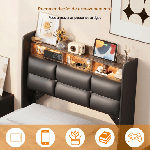Cama estofada de 90x200 cm com baú, função hidráulica, iluminação LED, porta USB para carregamento, revestimento em couro sintético, cor preta. Cama estofada de 90x200 cm com baú, função hidráulica, iluminação LED, porta USB para carregamento, revestimento em couro sintético, cor preta.