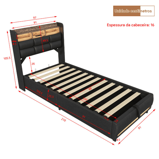 Cama estofada de 90x200 cm com baú, função hidráulica, iluminação LED, porta USB para carregamento, revestimento em couro sintético, cor preta. Cama estofada de 90x200 cm com baú, função hidráulica, iluminação LED, porta USB para carregamento, revestimento em couro sintético, cor preta.