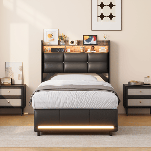 Cama estofada de 90x200 cm com baú, função hidráulica, iluminação LED, porta USB para carregamento, revestimento em couro sintético, cor preta. Cama estofada de 90x200 cm com baú, função hidráulica, iluminação LED, porta USB para carregamento, revestimento em couro sintético, cor preta.