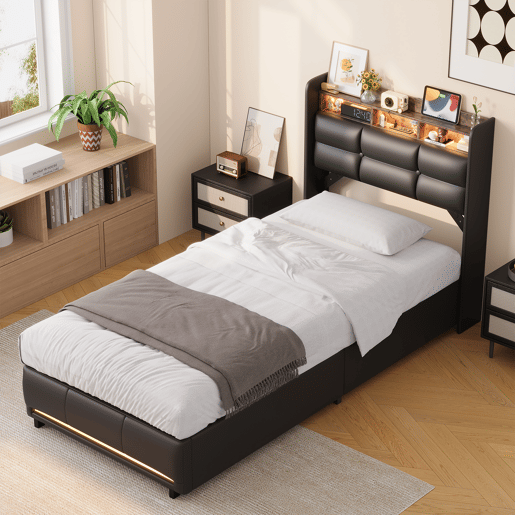 Cama estofada de 90x200 cm com baú, função hidráulica, iluminação LED, porta USB para carregamento, revestimento em couro sintético, cor preta. Cama estofada de 90x200 cm com baú, função hidráulica, iluminação LED, porta USB para carregamento, revestimento em couro sintético, cor preta.