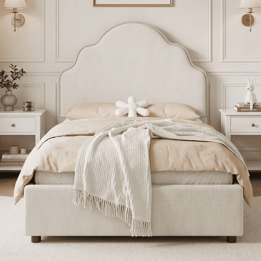 Cama individual 90x200 cm - estofada com cabeceira acolchoada em linho - bege Cama individual 90x200 cm - estofada com cabeceira acolchoada em linho - bege
