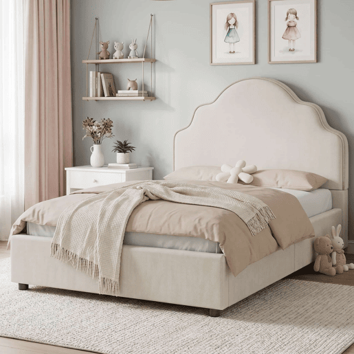 Cama individual 90x200 cm - estofada com cabeceira acolchoada em linho - bege Cama individual 90x200 cm - estofada com cabeceira acolchoada em linho - bege