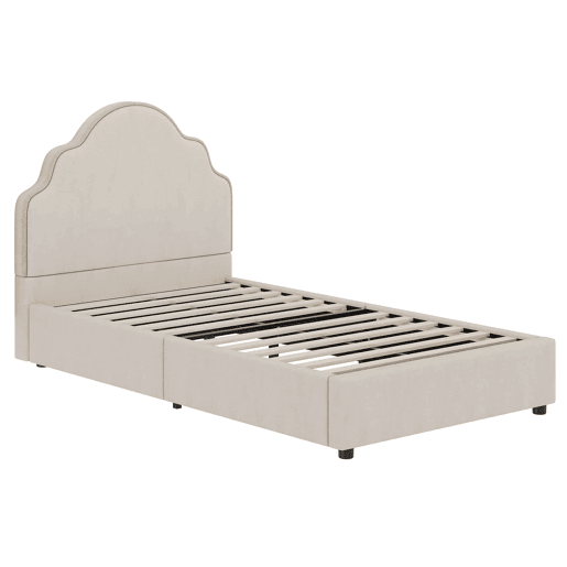 Cama individual 90x200 cm - estofada com cabeceira acolchoada em linho - bege Cama individual 90x200 cm - estofada com cabeceira acolchoada em linho - bege