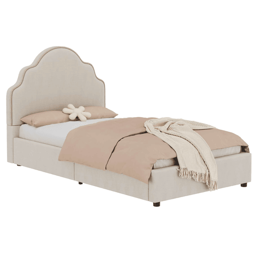 Cama individual 90x200 cm - estofada com cabeceira acolchoada em linho - bege Cama individual 90x200 cm - estofada com cabeceira acolchoada em linho - bege